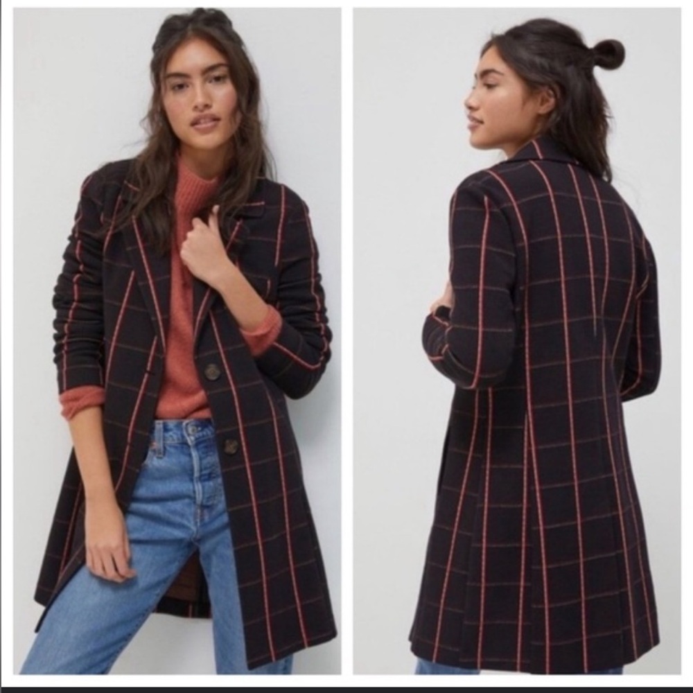 Anthropologie Avec Les Filles Sigrid Longline Blazer Black/Red Plaid | S